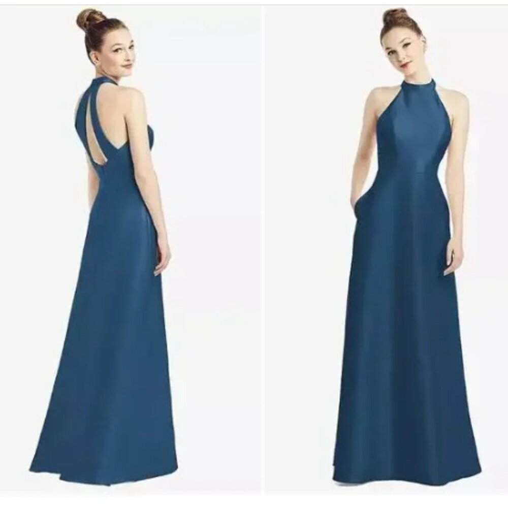 Alfred Sung Size 4 Satin Twill Dress w/ Pockets High Neck Cutout Du…